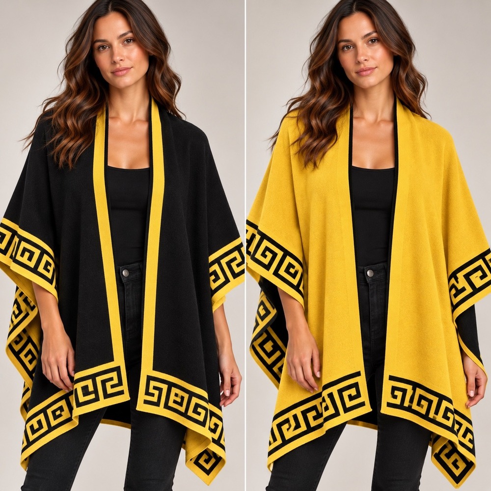 Peruvian Alpaca Blend Knitted Ruana Reversible Yellow Black Greek Key Wrap Cape